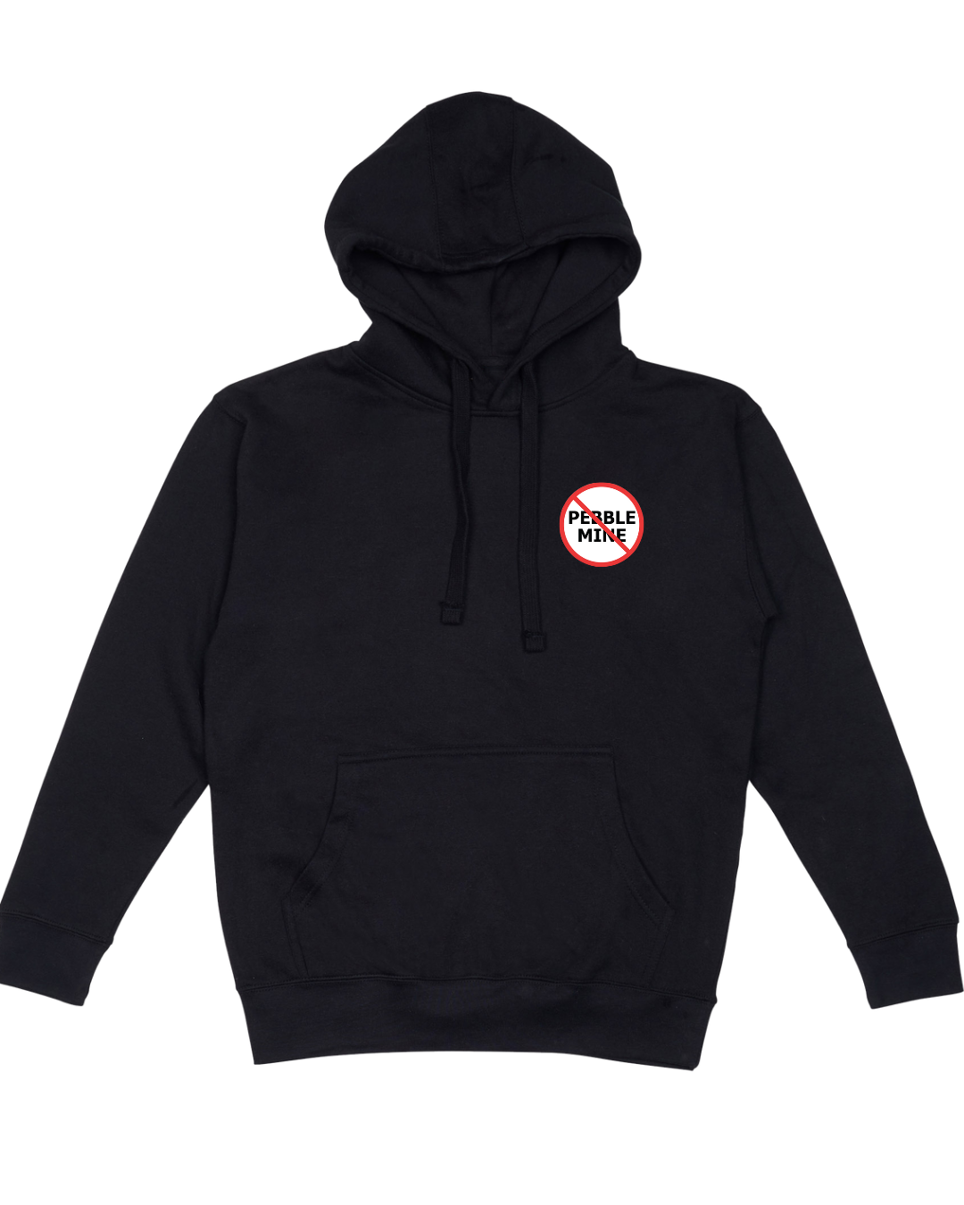 Black Salmon Slayer 2024 Collaboration Hoodie with No Pebble design on the left chest.