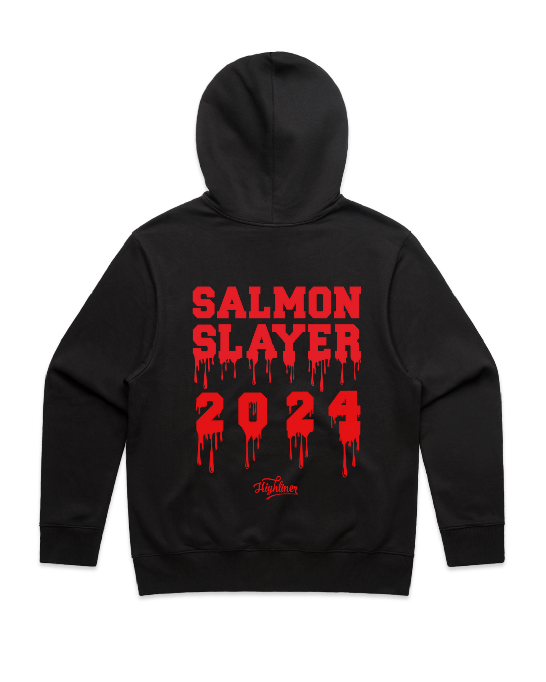 Black Salmon Slayer 2024 Collaboration Hoodie with No Pebble design on -  Highlinerapparel